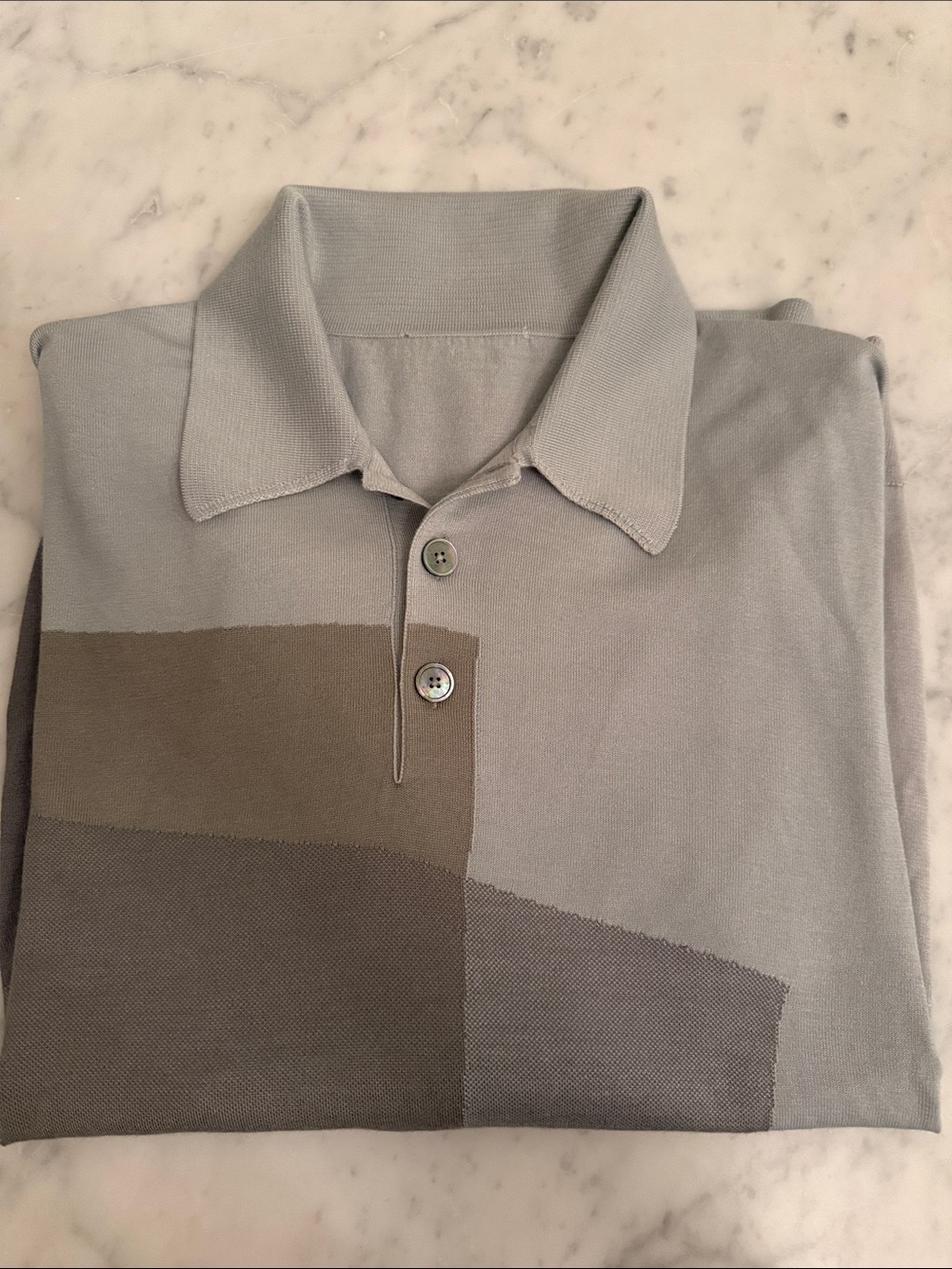 Hermes Light Gray and Brown Geometric Block Polo